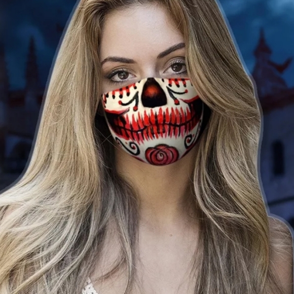 Halloween 2pc sugar skull mask & filter Red rose - Picture 1 of 6